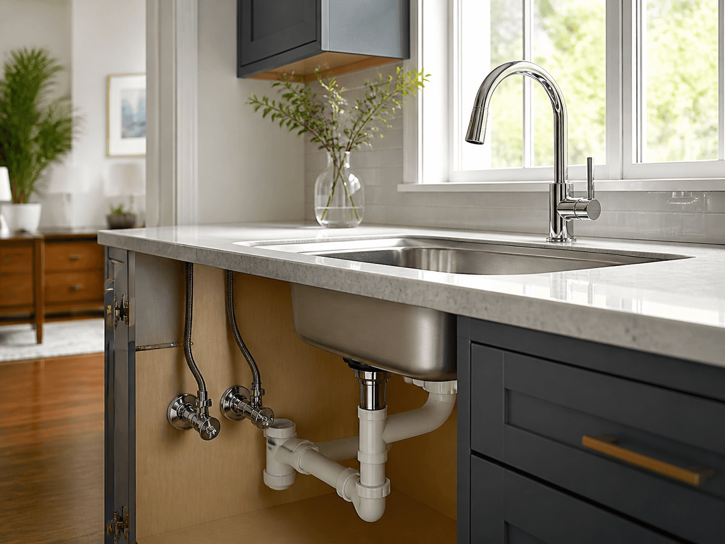 A finished kitchen sink and under-sink plumbing